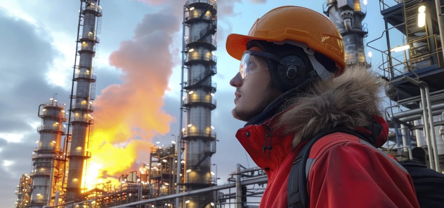 Worker wearing protective equipment at an industrial oil and gas facility